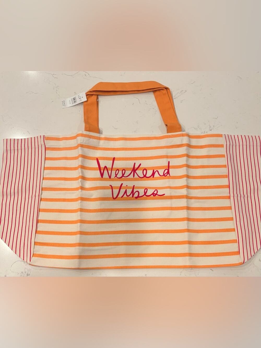 LOFT XL Cream and Orange Striped 'Weekend Vibes' Tote with Pink Script- 14.5”X28